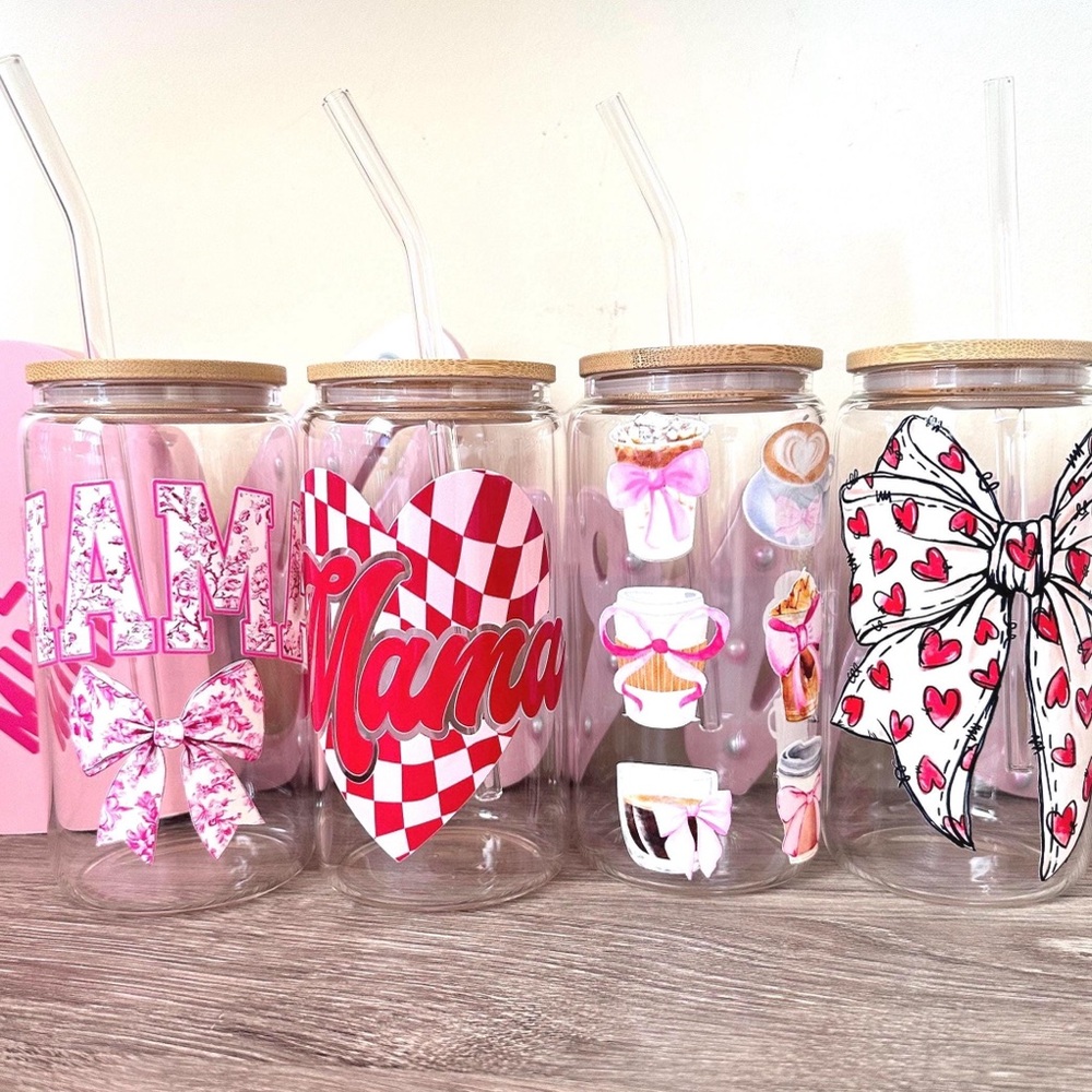 Decorative Glass Tumblers with Straws